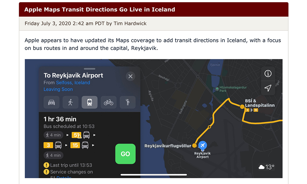 Apple Maps: Mehr Details für Islands Straßen & Busse